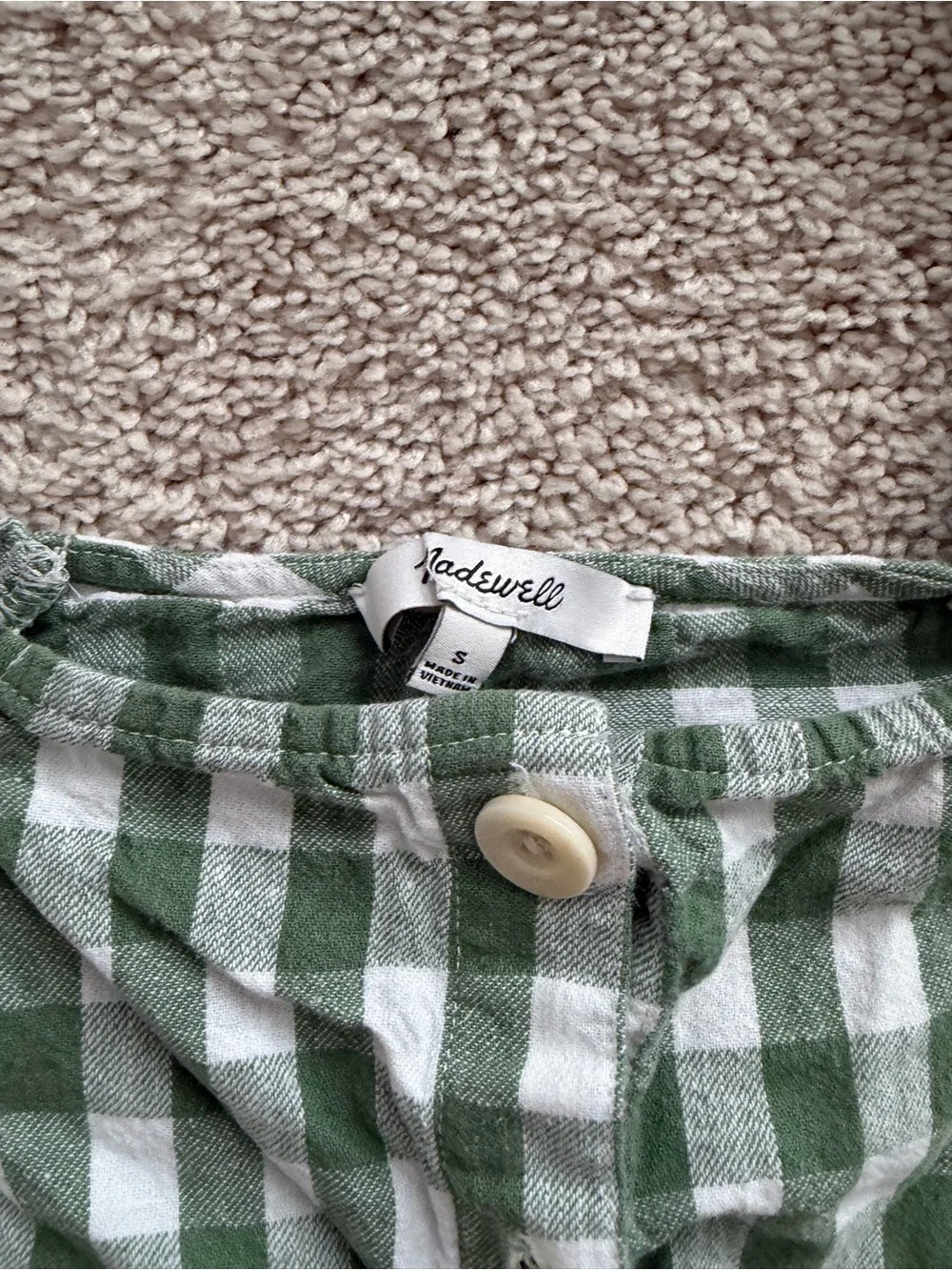 Madewell Green and White Gingham Puff Sleeve Button Front Blouse